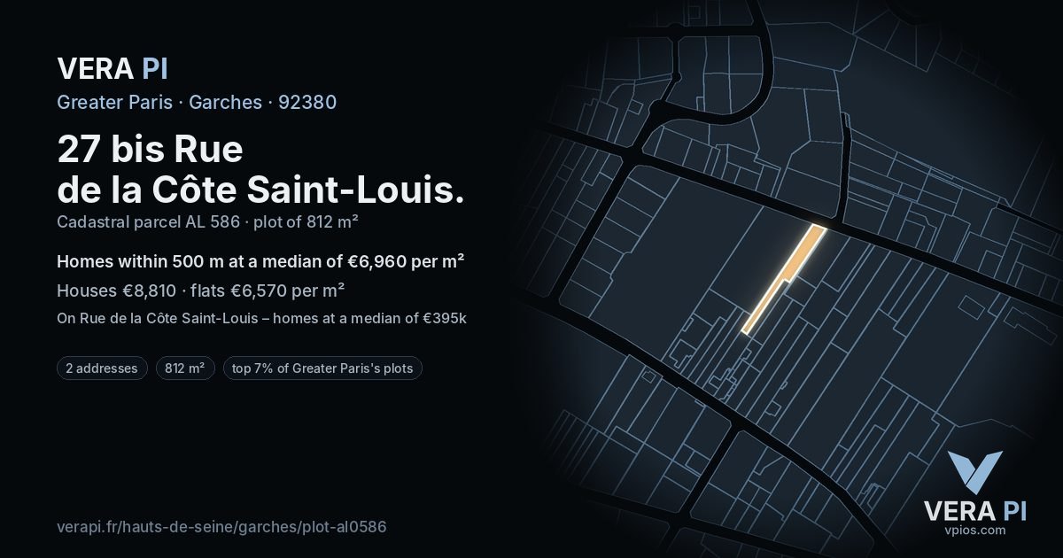 27 bis Rue de la Côte Saint-Louis, Garches at night – the plot lit, the parcels around coloured by the prices near them