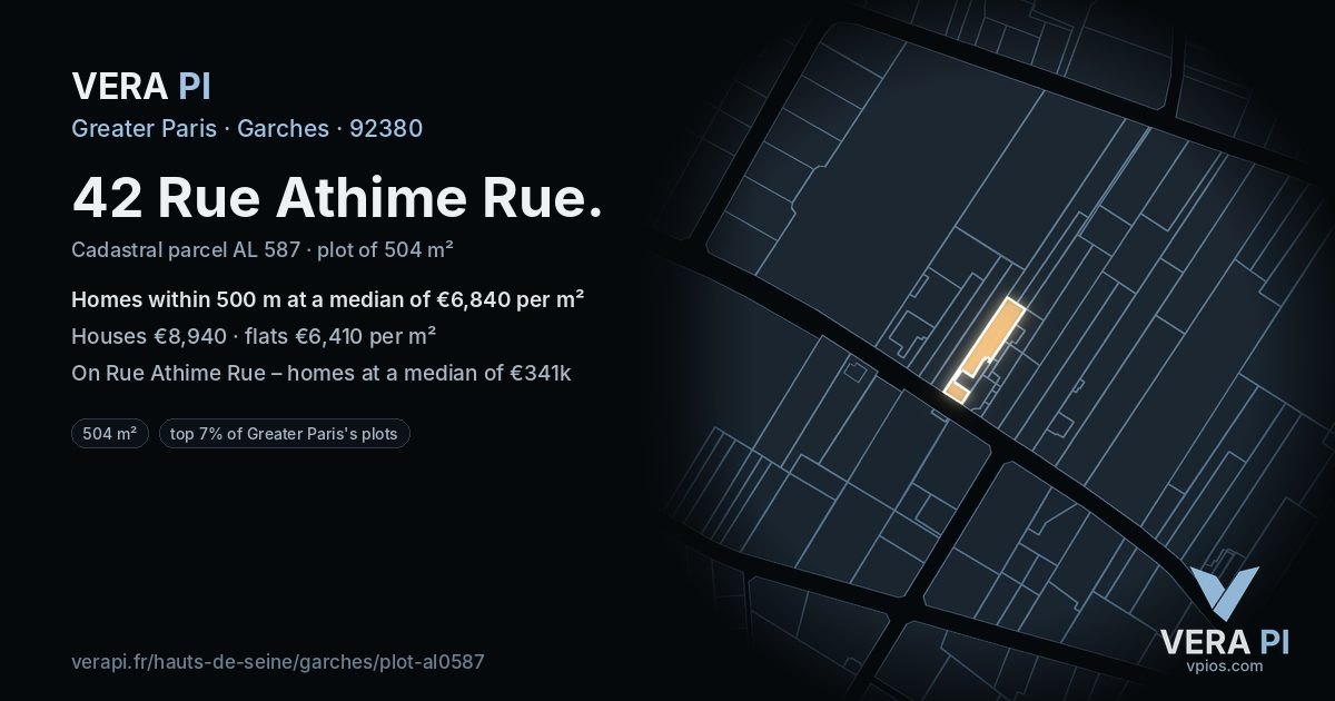 42 Rue Athime Rue, Garches at night – the plot lit, the parcels around coloured by the prices near them