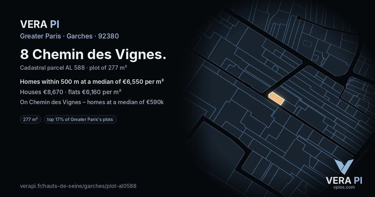 8 Chemin des Vignes, Garches at night – the plot lit, the parcels around coloured by the prices near them