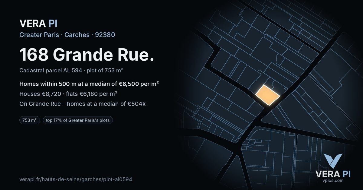 168 Grande Rue, Garches at night – the plot lit, the parcels around coloured by the prices near them