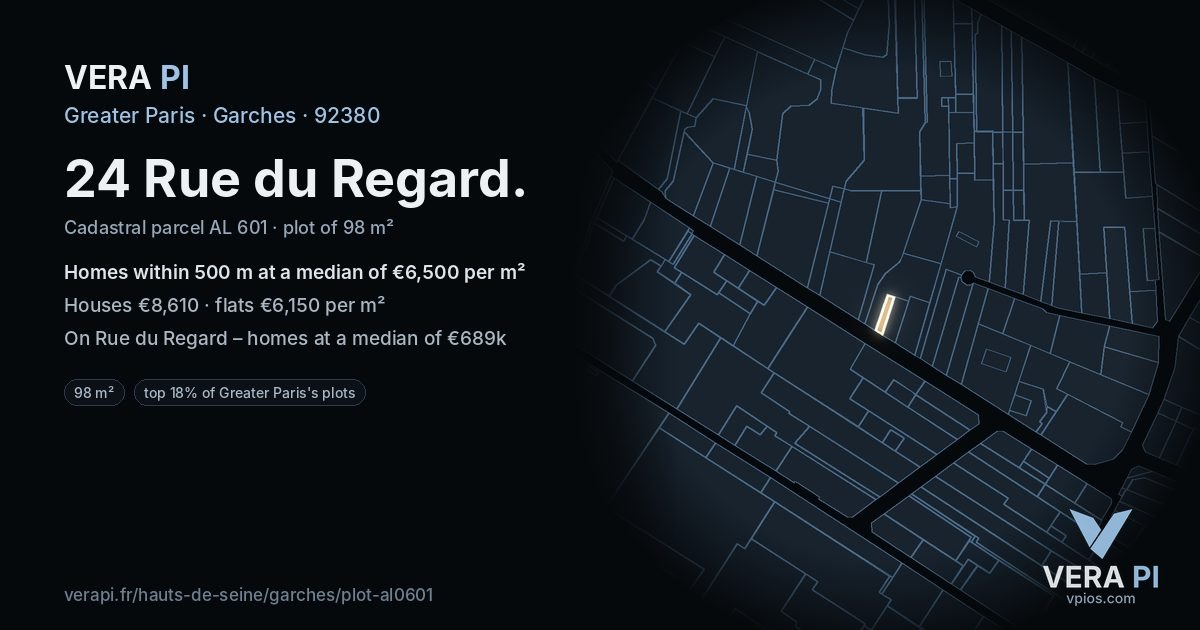 24 Rue du Regard, Garches at night – the plot lit, the parcels around coloured by the prices near them