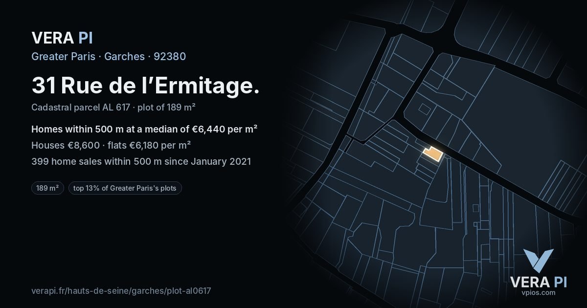 31 Rue de l’Ermitage, Garches at night – the plot lit, the parcels around coloured by the prices near them