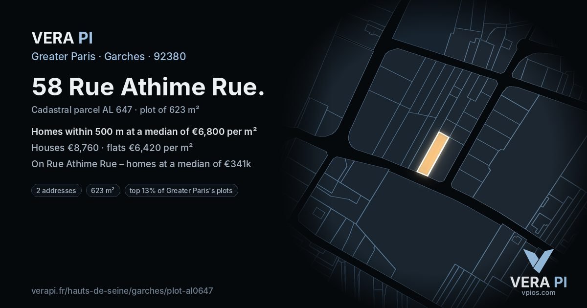 58 Rue Athime Rue, Garches at night – the plot lit, the parcels around coloured by the prices near them