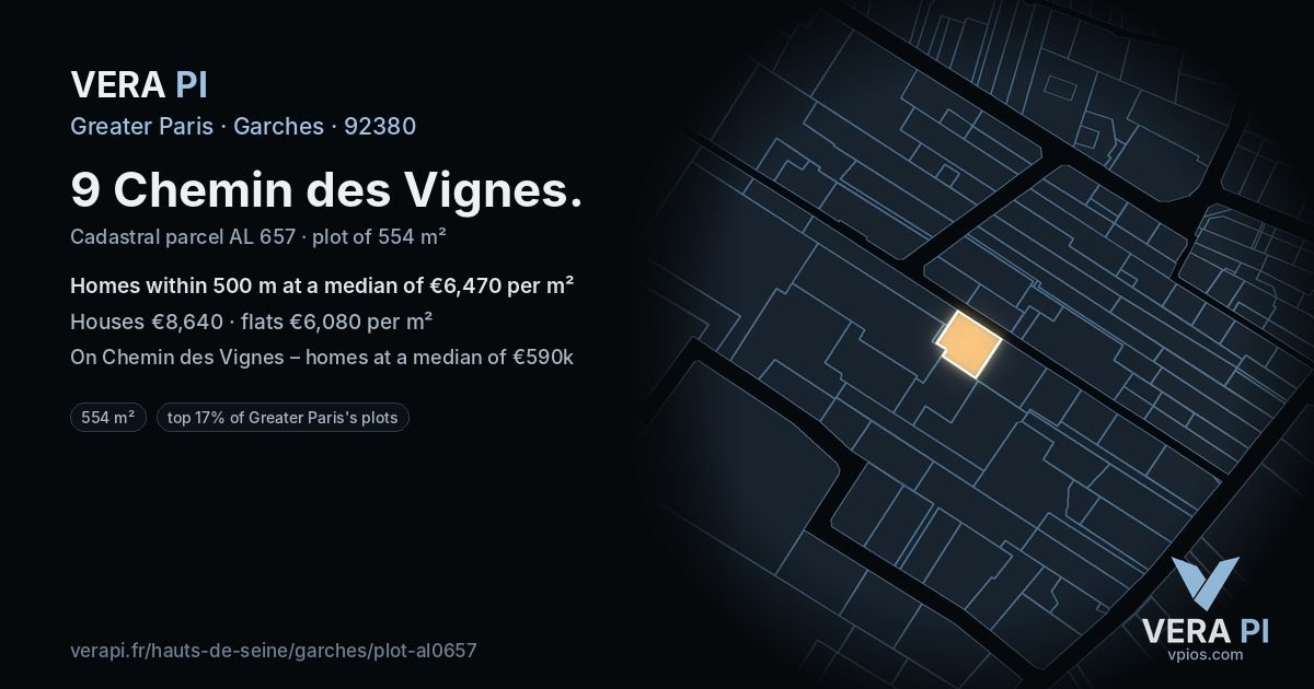 9 Chemin des Vignes, Garches at night – the plot lit, the parcels around coloured by the prices near them