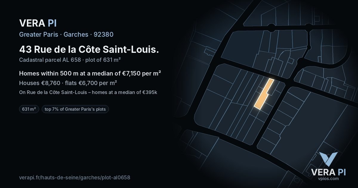 43 Rue de la Côte Saint-Louis, Garches at night – the plot lit, the parcels around coloured by the prices near them