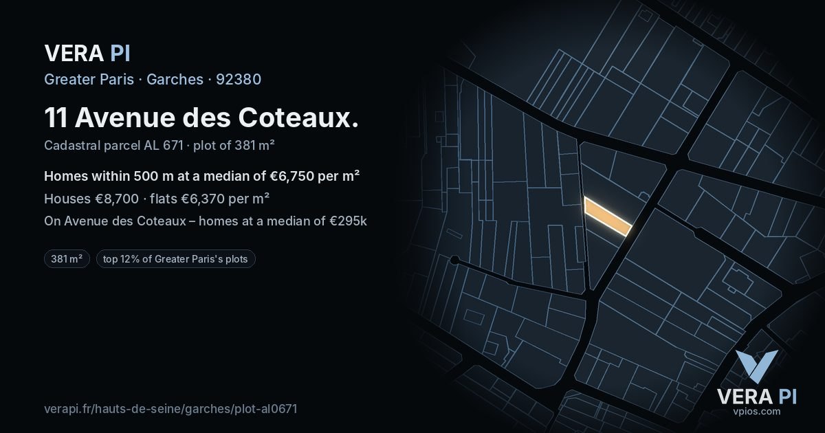 11 Avenue des Coteaux, Garches at night – the plot lit, the parcels around coloured by the prices near them