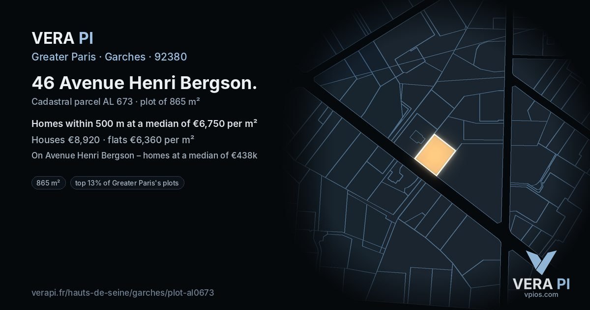 46 Avenue Henri Bergson, Garches at night – the plot lit, the parcels around coloured by the prices near them
