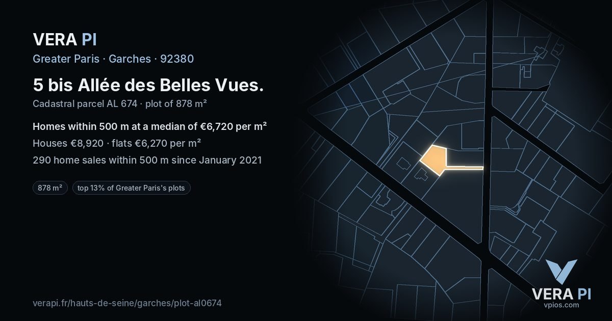 5 bis Allée des Belles Vues, Garches at night – the plot lit, the parcels around coloured by the prices near them