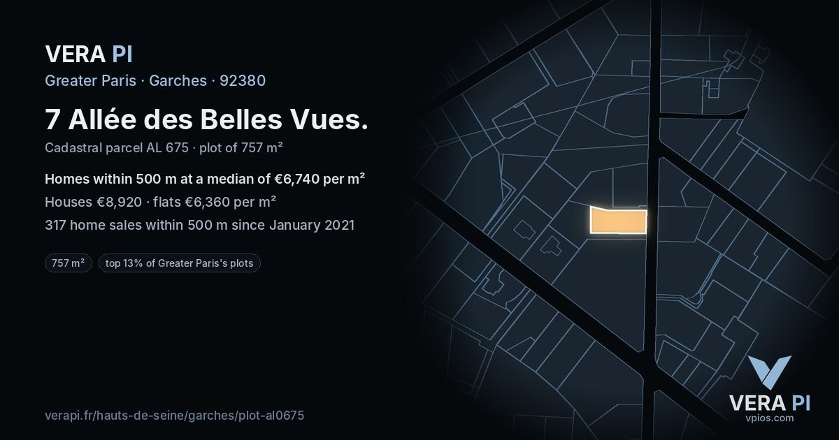 7 Allée des Belles Vues, Garches at night – the plot lit, the parcels around coloured by the prices near them
