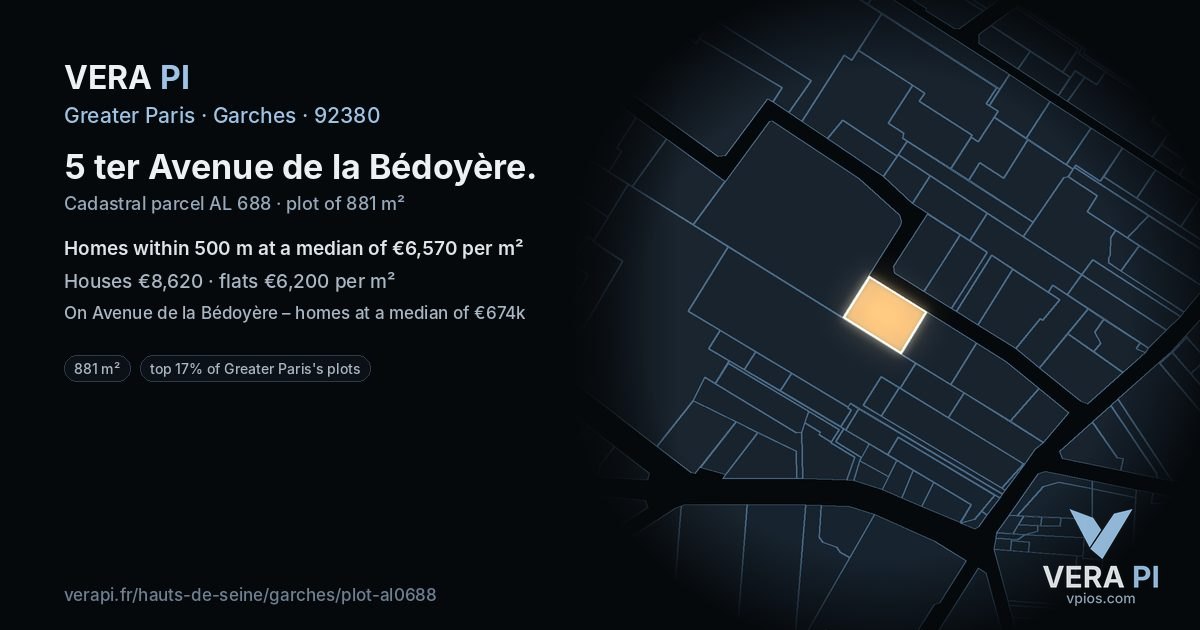 5 ter Avenue de la Bédoyère, Garches at night – the plot lit, the parcels around coloured by the prices near them