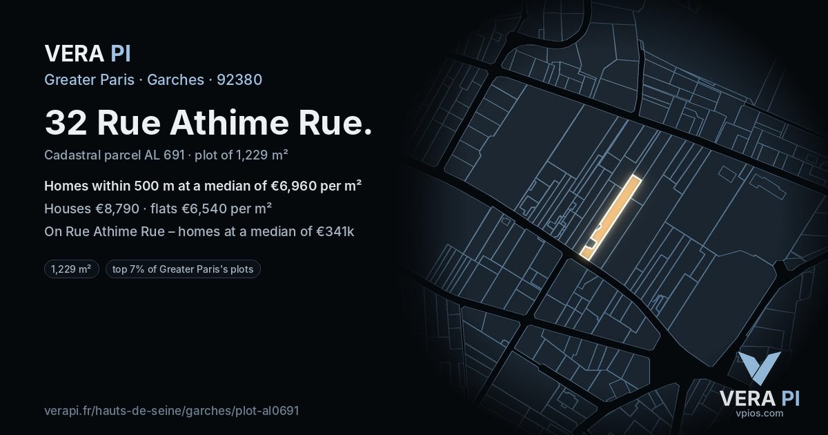 32 Rue Athime Rue, Garches at night – the plot lit, the parcels around coloured by the prices near them