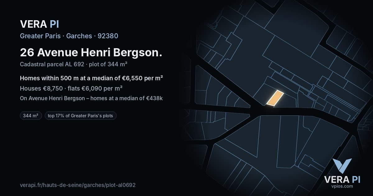 26 Avenue Henri Bergson, Garches at night – the plot lit, the parcels around coloured by the prices near them