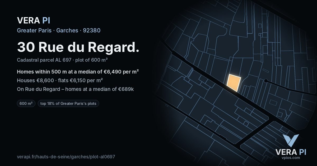 30 Rue du Regard, Garches at night – the plot lit, the parcels around coloured by the prices near them