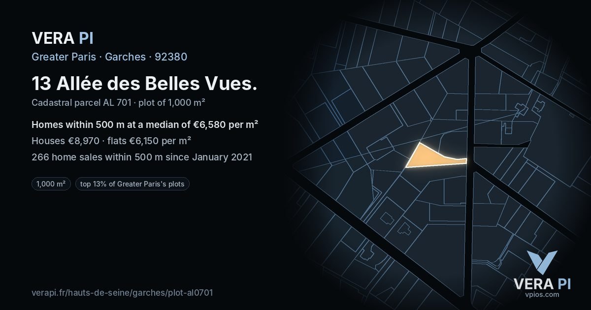 13 Allée des Belles Vues, Garches at night – the plot lit, the parcels around coloured by the prices near them