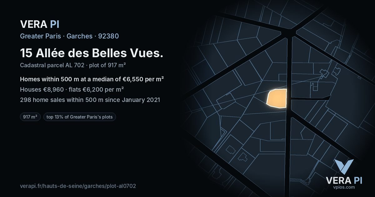 15 Allée des Belles Vues, Garches at night – the plot lit, the parcels around coloured by the prices near them