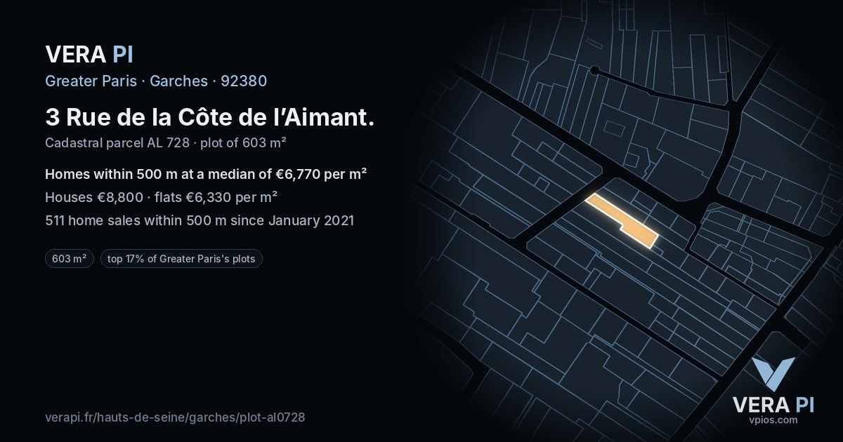 3 Rue de la Côte de l’Aimant, Garches at night – the plot lit, the parcels around coloured by the prices near them