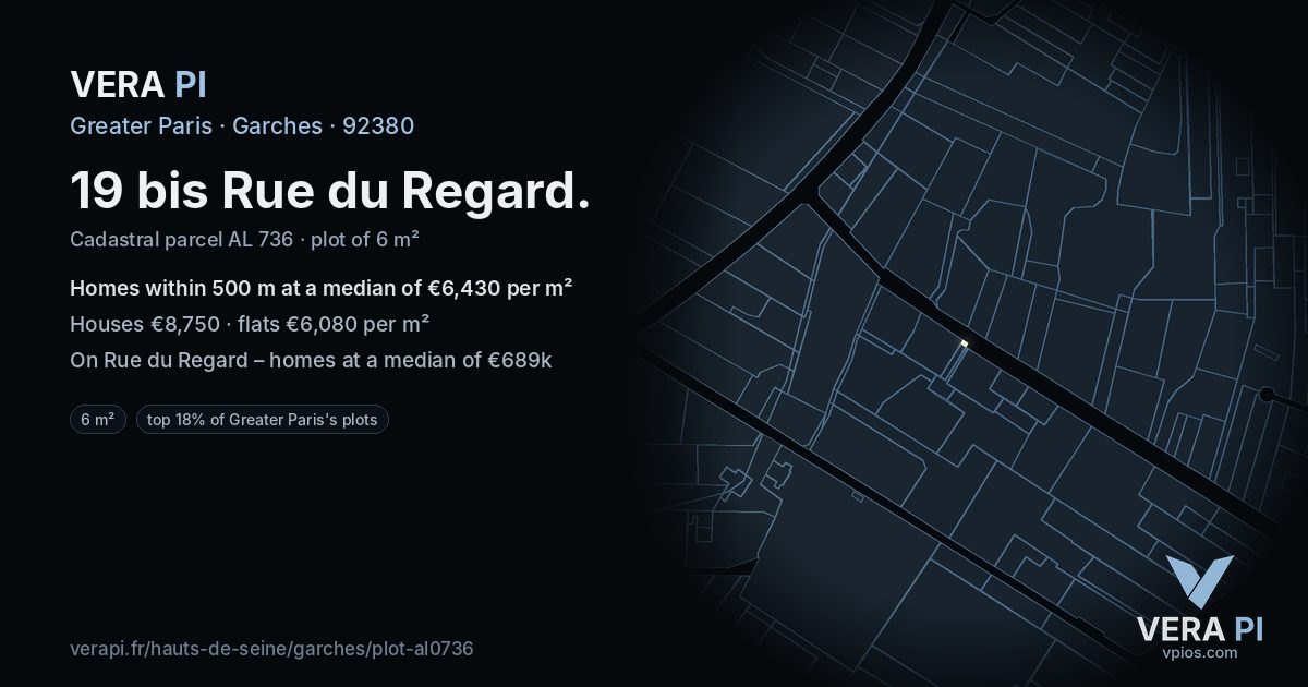 19 bis Rue du Regard, Garches at night – the plot lit, the parcels around coloured by the prices near them