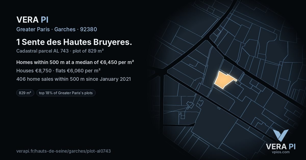 1 Sente des Hautes Bruyeres, Garches at night – the plot lit, the parcels around coloured by the prices near them