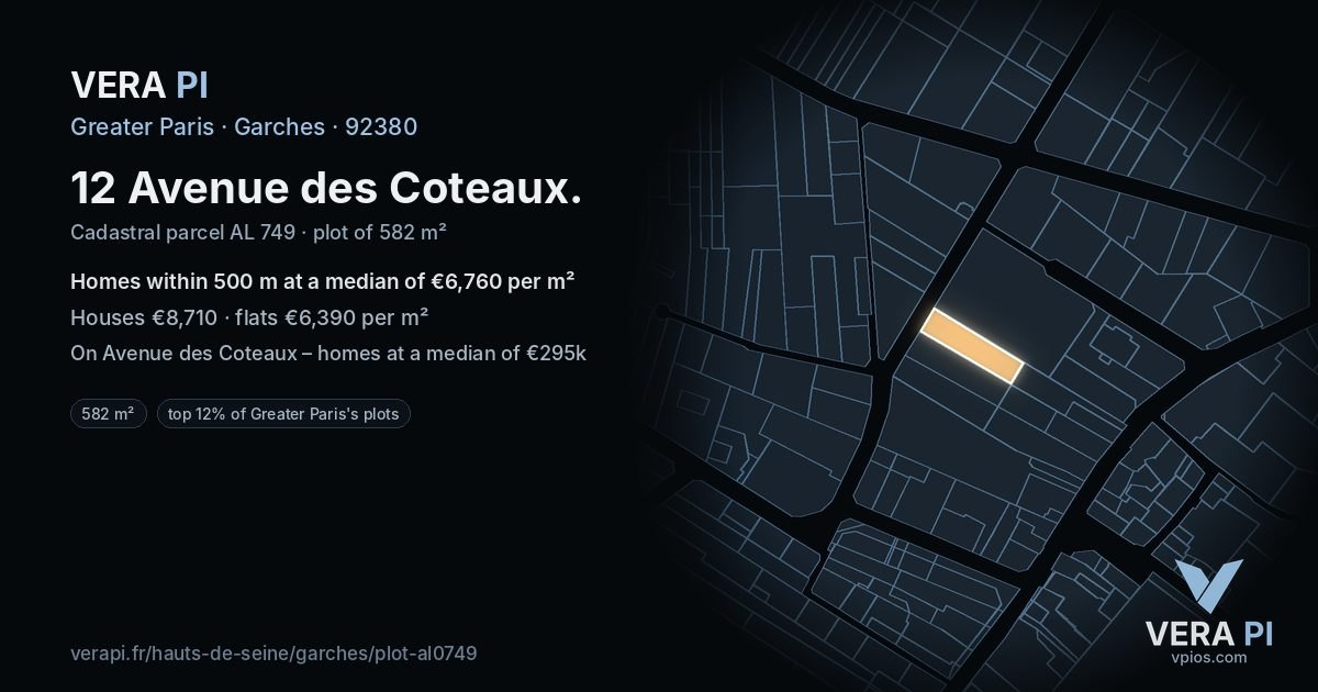 12 Avenue des Coteaux, Garches at night – the plot lit, the parcels around coloured by the prices near them