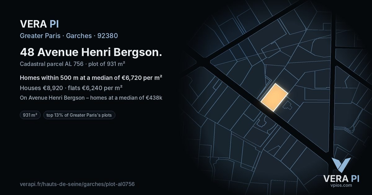 48 Avenue Henri Bergson, Garches at night – the plot lit, the parcels around coloured by the prices near them