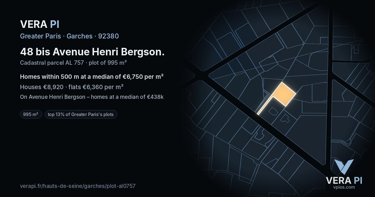 48 bis Avenue Henri Bergson, Garches at night – the plot lit, the parcels around coloured by the prices near them