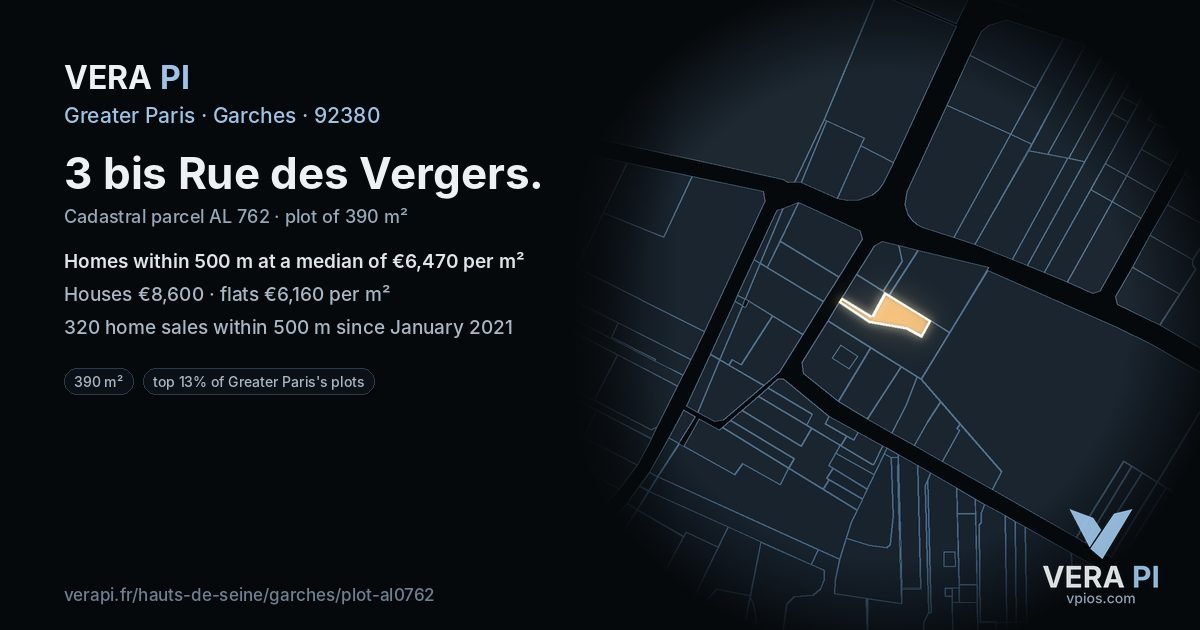 3 bis Rue des Vergers, Garches at night – the plot lit, the parcels around coloured by the prices near them
