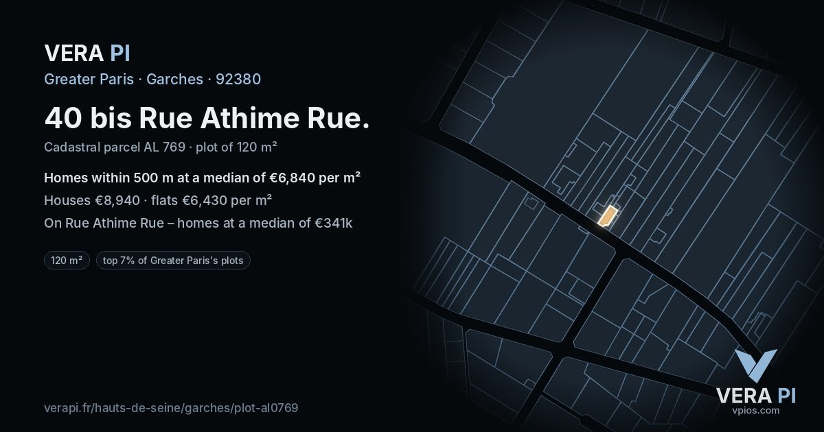 40 bis Rue Athime Rue, Garches at night – the plot lit, the parcels around coloured by the prices near them