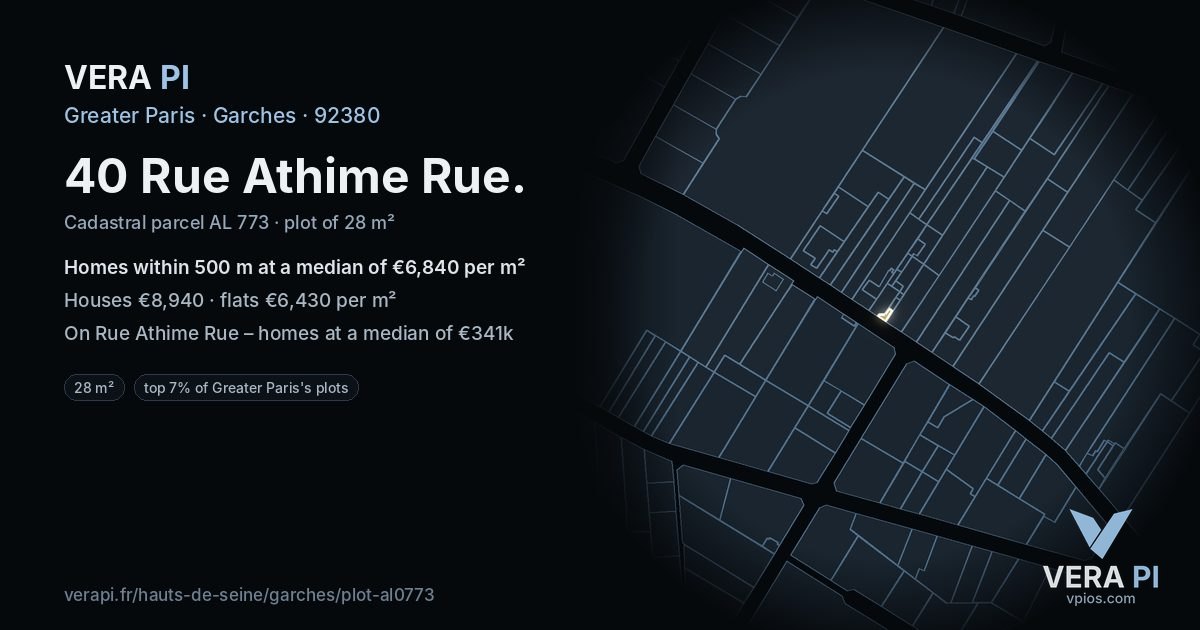 40 Rue Athime Rue, Garches at night – the plot lit, the parcels around coloured by the prices near them