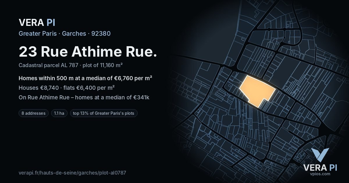 23 Rue Athime Rue, Garches at night – the plot lit, the parcels around coloured by the prices near them