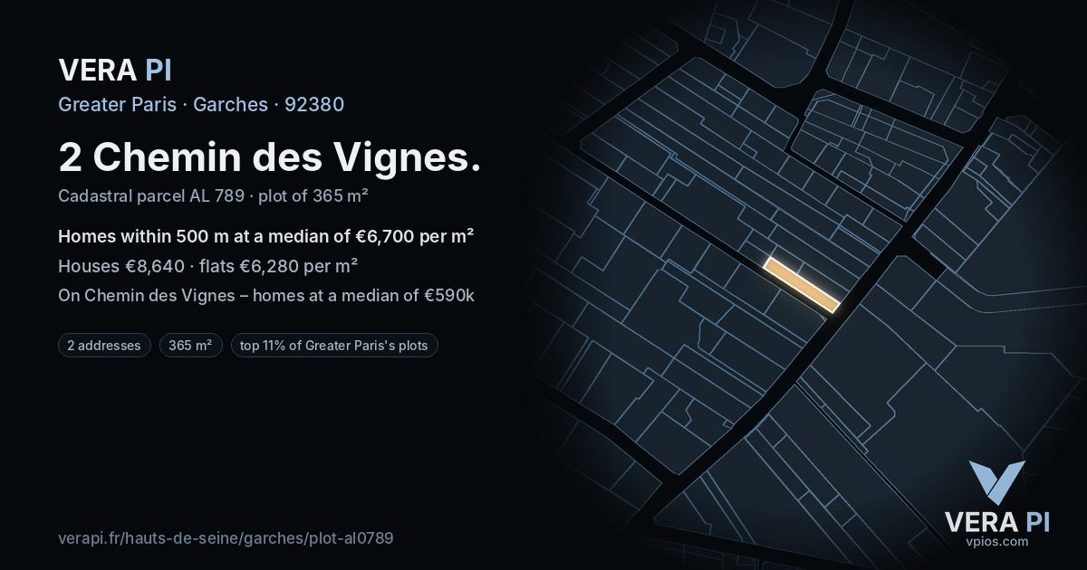 2 Chemin des Vignes, Garches at night – the plot lit, the parcels around coloured by the prices near them