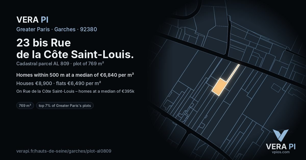 23 bis Rue de la Côte Saint-Louis, Garches at night – the plot lit, the parcels around coloured by the prices near them