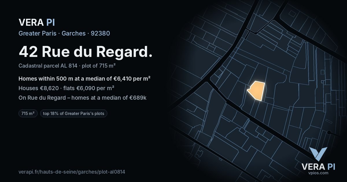 42 Rue du Regard, Garches at night – the plot lit, the parcels around coloured by the prices near them