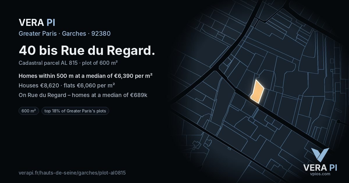 40 bis Rue du Regard, Garches at night – the plot lit, the parcels around coloured by the prices near them