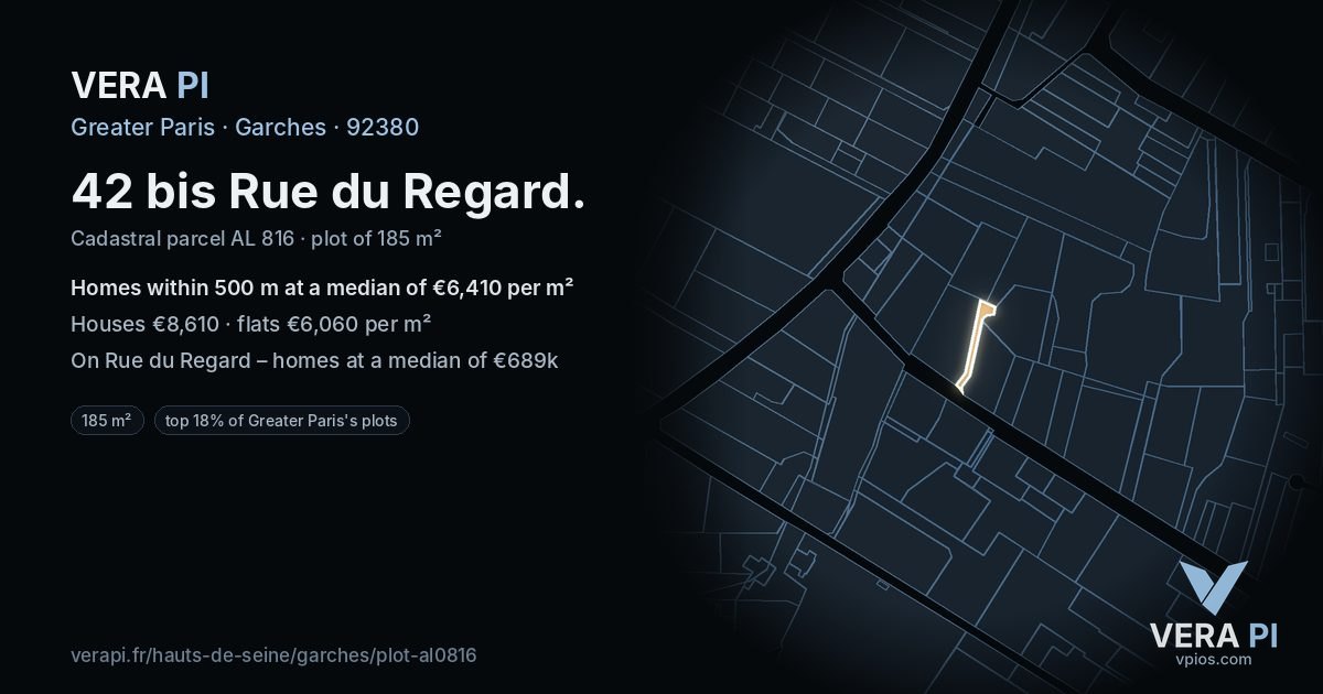 42 bis Rue du Regard, Garches at night – the plot lit, the parcels around coloured by the prices near them