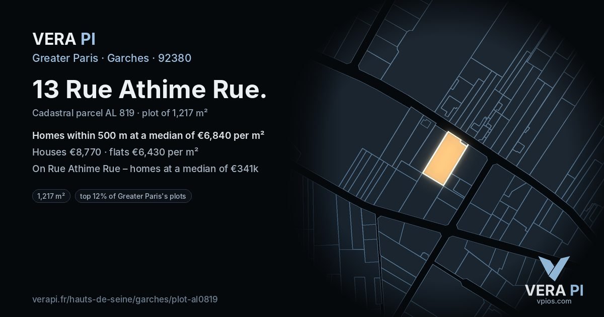 13 Rue Athime Rue, Garches at night – the plot lit, the parcels around coloured by the prices near them
