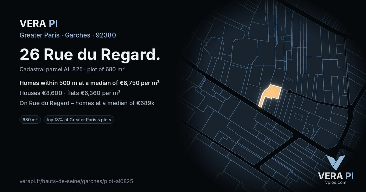 26 Rue du Regard, Garches at night – the plot lit, the parcels around coloured by the prices near them