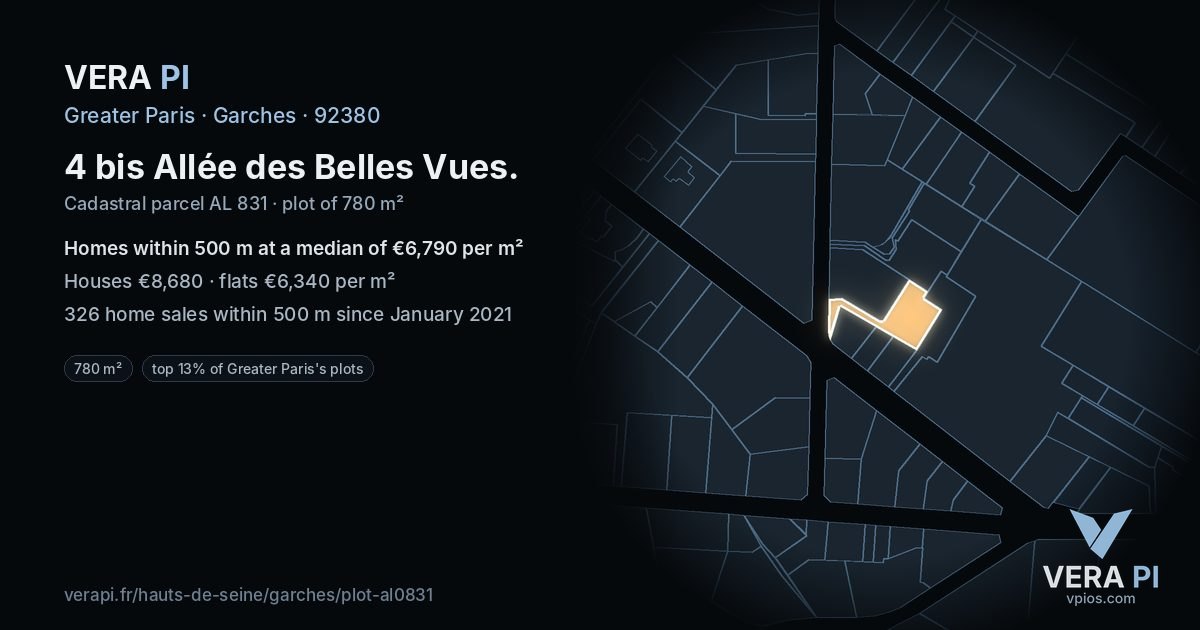 4 bis Allée des Belles Vues, Garches at night – the plot lit, the parcels around coloured by the prices near them