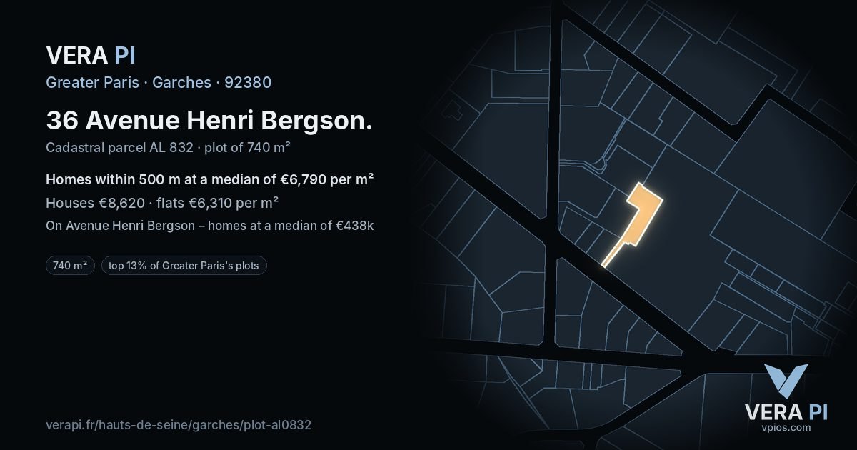 36 Avenue Henri Bergson, Garches at night – the plot lit, the parcels around coloured by the prices near them