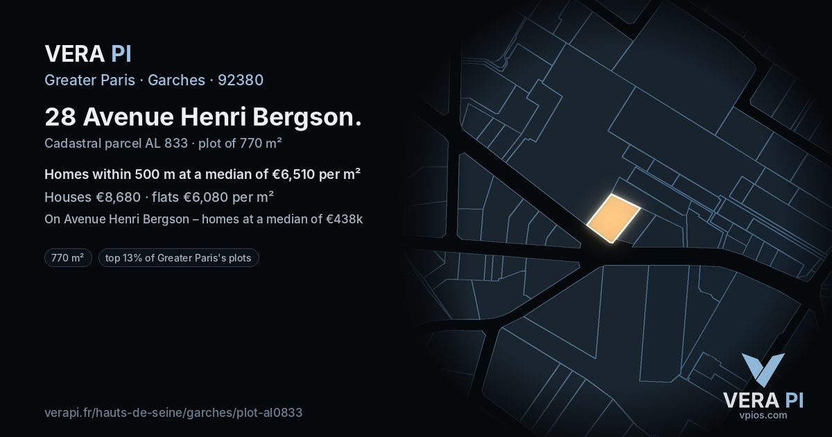 28 Avenue Henri Bergson, Garches at night – the plot lit, the parcels around coloured by the prices near them