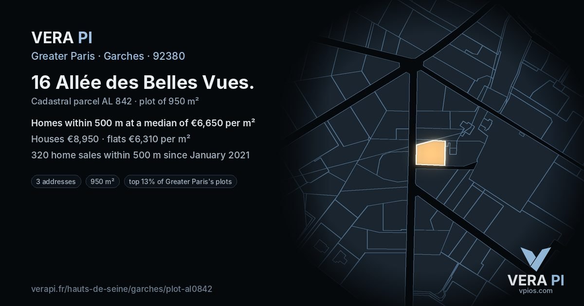 16 Allée des Belles Vues, Garches at night – the plot lit, the parcels around coloured by the prices near them
