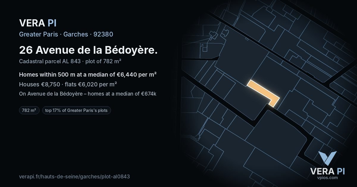 26 Avenue de la Bédoyère, Garches at night – the plot lit, the parcels around coloured by the prices near them