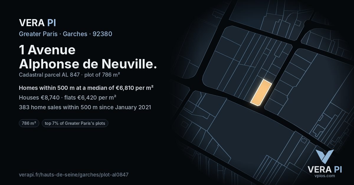 1 Avenue Alphonse de Neuville, Garches at night – the plot lit, the parcels around coloured by the prices near them
