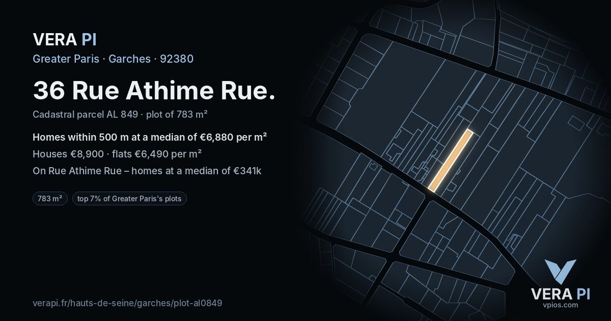 36 Rue Athime Rue, Garches at night – the plot lit, the parcels around coloured by the prices near them