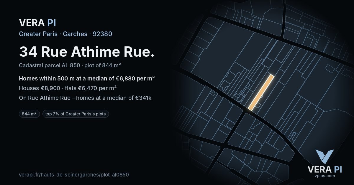 34 Rue Athime Rue, Garches at night – the plot lit, the parcels around coloured by the prices near them