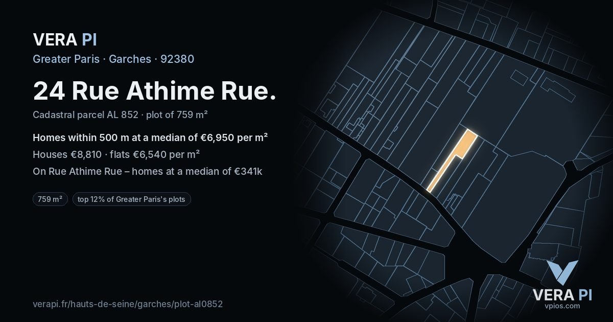 24 Rue Athime Rue, Garches at night – the plot lit, the parcels around coloured by the prices near them