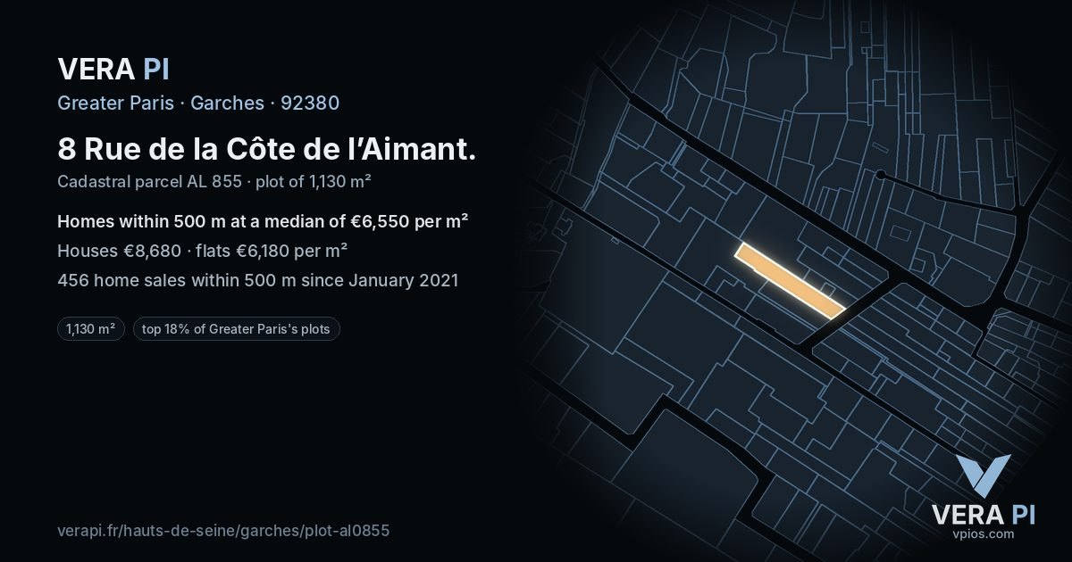 8 Rue de la Côte de l’Aimant, Garches at night – the plot lit, the parcels around coloured by the prices near them