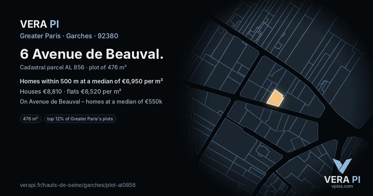 6 Avenue de Beauval, Garches at night – the plot lit, the parcels around coloured by the prices near them