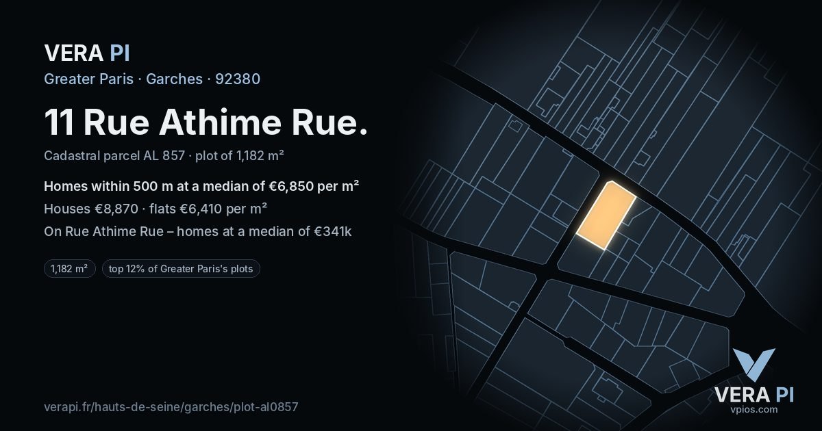 11 Rue Athime Rue, Garches at night – the plot lit, the parcels around coloured by the prices near them