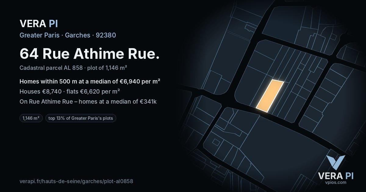 64 Rue Athime Rue, Garches at night – the plot lit, the parcels around coloured by the prices near them