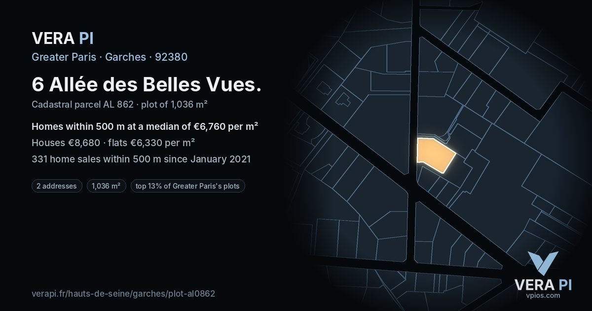 6 Allée des Belles Vues, Garches at night – the plot lit, the parcels around coloured by the prices near them